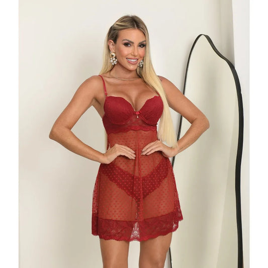 Camisola em Tule Poá com Bojo Coleção Cherry