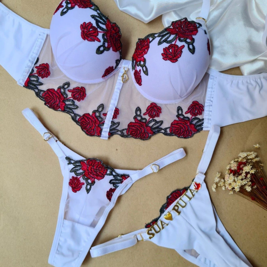 Conjunto de Lingerie Branco Flor Personalizado