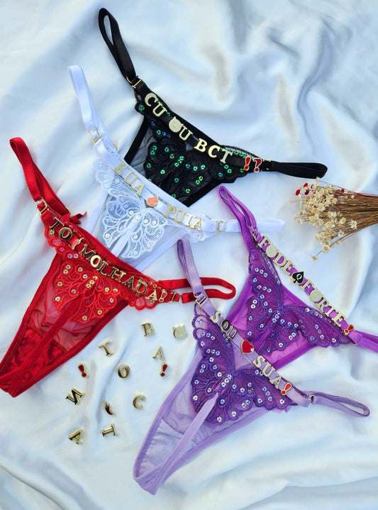 Calcinha Borboleta Lantejolas Personalizavel (NÃO ACOMPANHA LETRAS)